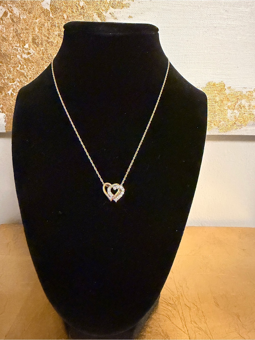14k Gold Double Heart Necklace with Natural Diamonds
